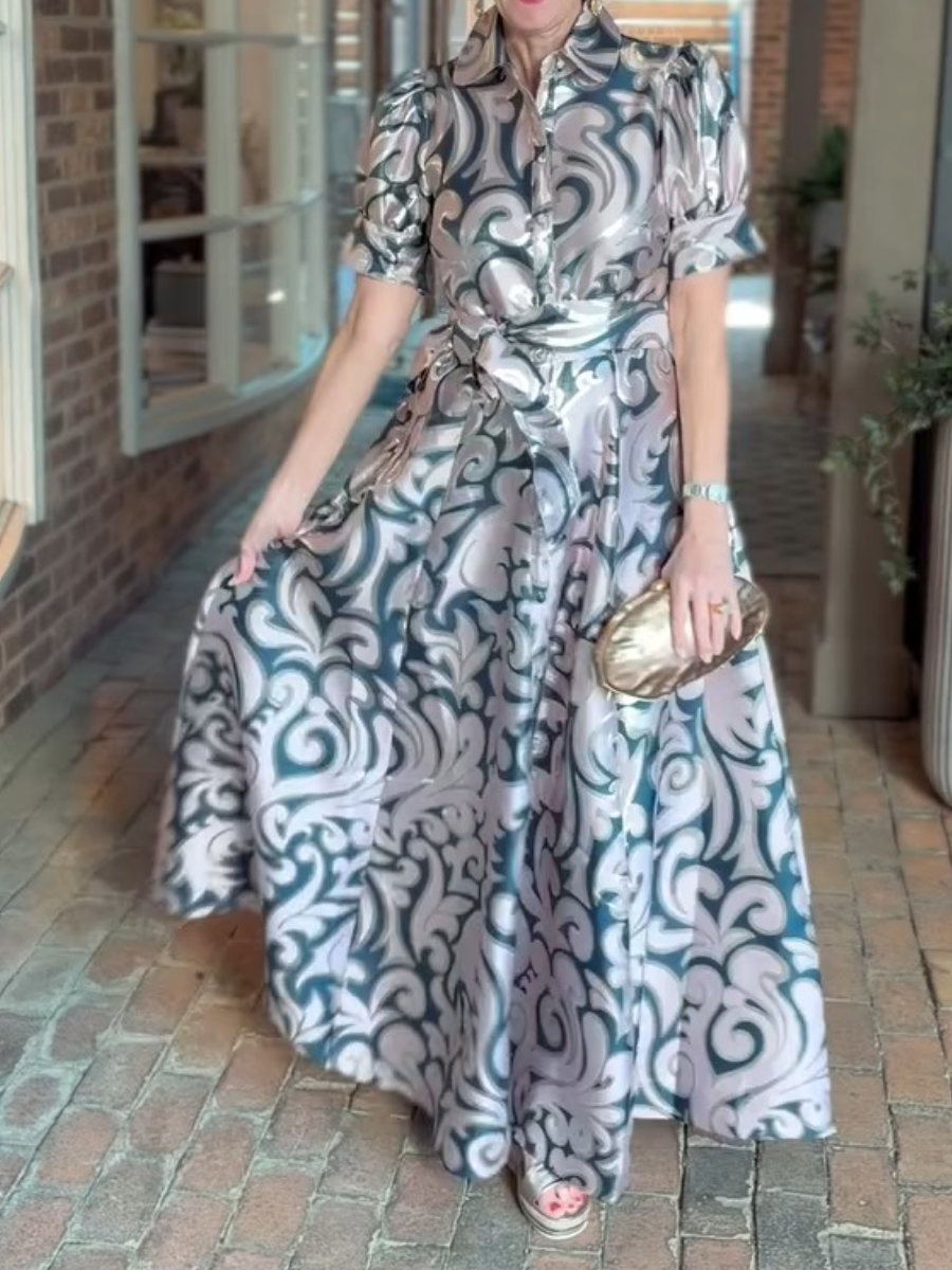 Elegant Teal & Gold Jacquard Button Down Maxi Dress