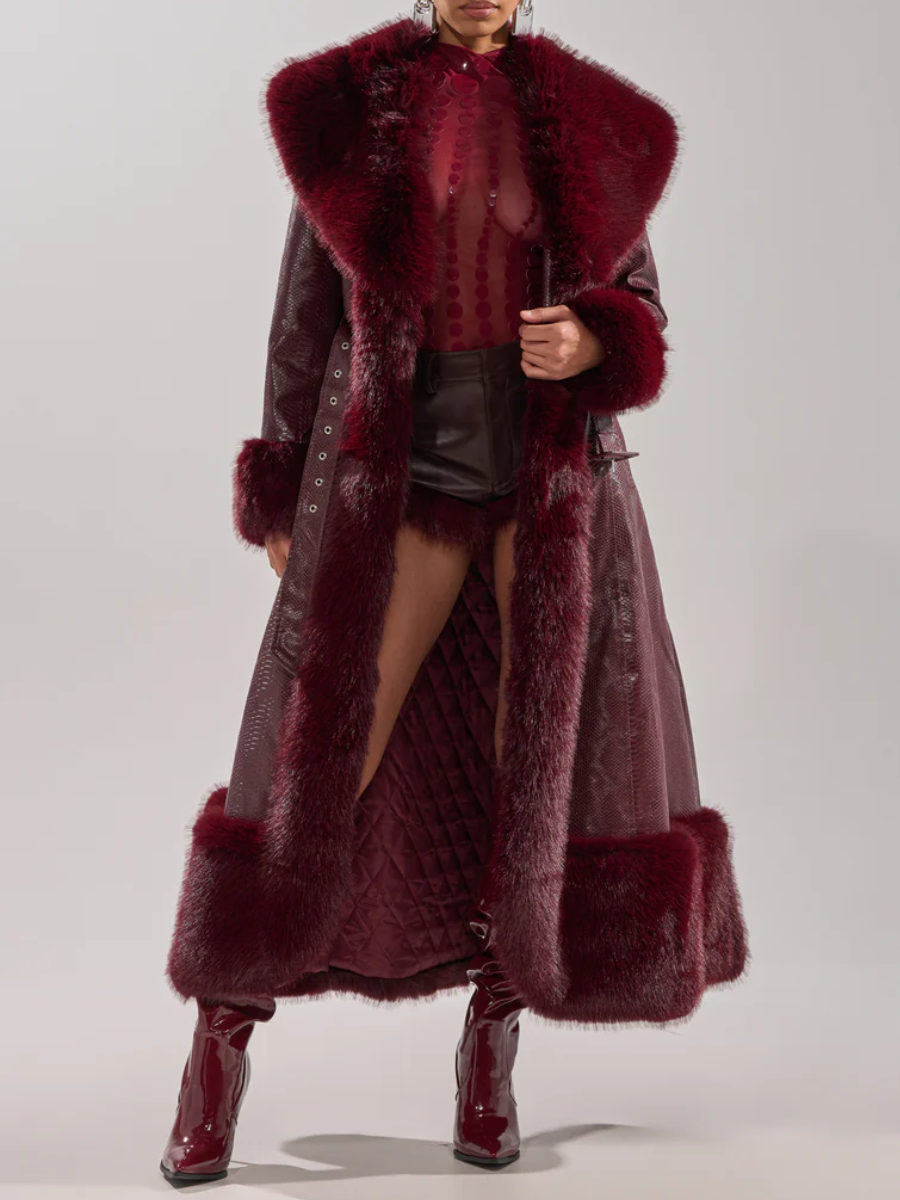 Burgundy Vivian Fur Trimmed Trench Coat