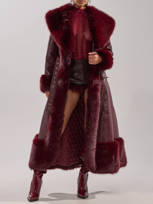 Burgundy Vivian Fur Trimmed Trench Coat