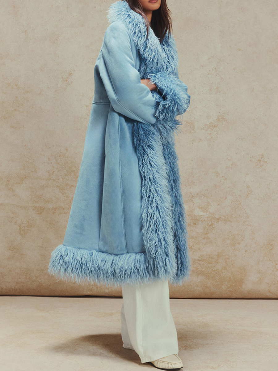 Powder Blue Faux Fur Trim Maxi Coat
