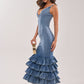 Deep V Neck Tiered Ruffle Mermaid Denim Maxi Dress