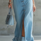 Button Front And Ruffled Hem Sleeveless Denim Dress