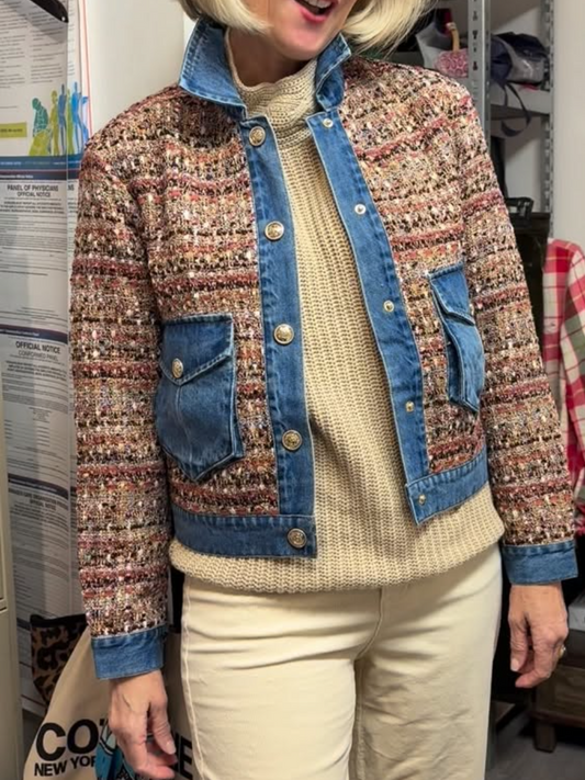 Tweed-Spliced Denim Jacket
