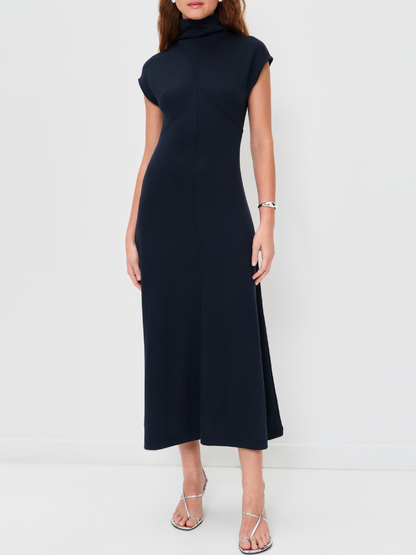 Navy Mock Neck Ribbed Dress