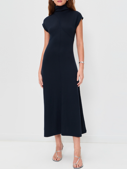 Navy Mock Neck Ribbed Dress