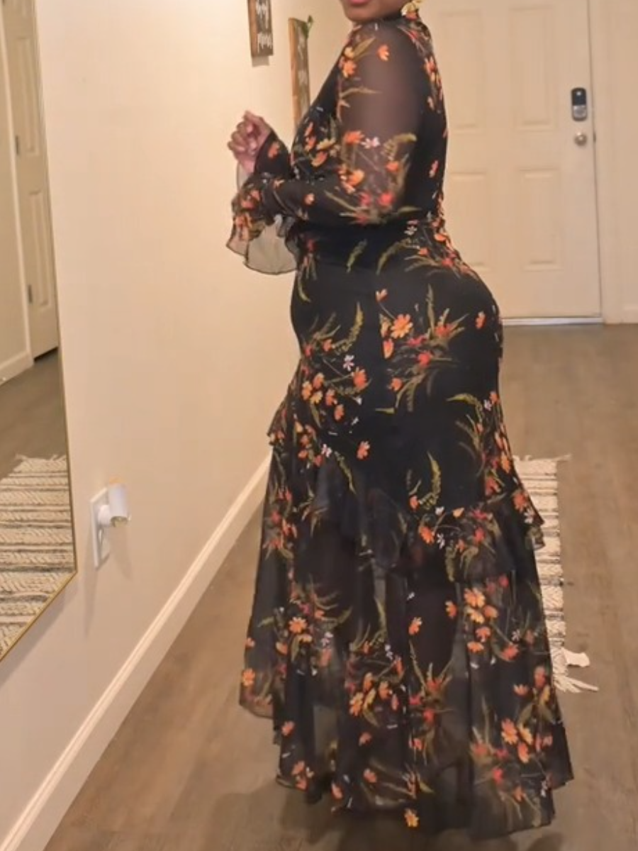 Floral Mesh Ruffle Maxi Dress