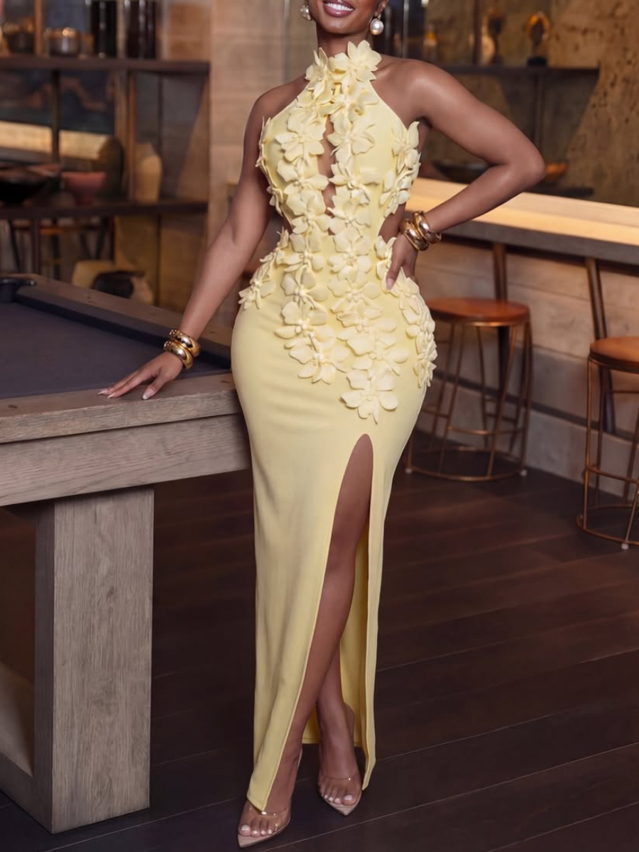 3D Floral Yellow Halter Cutout Maxi Dress