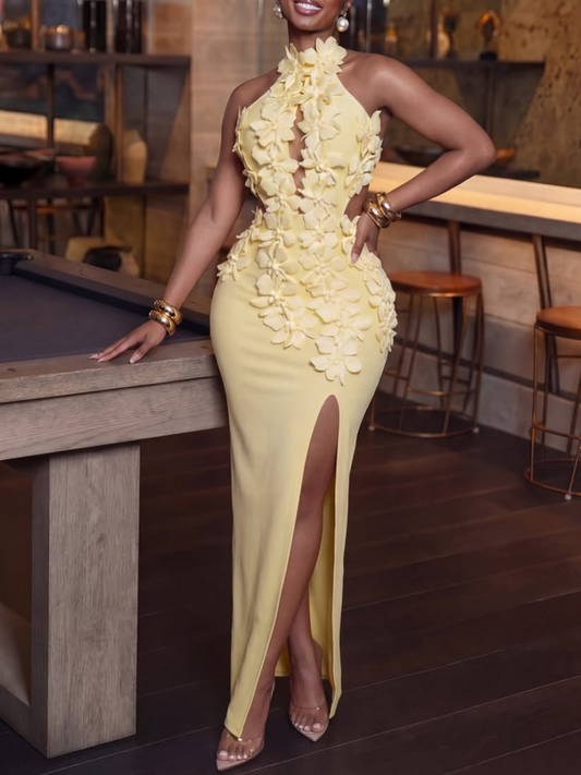 3D Floral Yellow Halter Cutout Maxi Dress