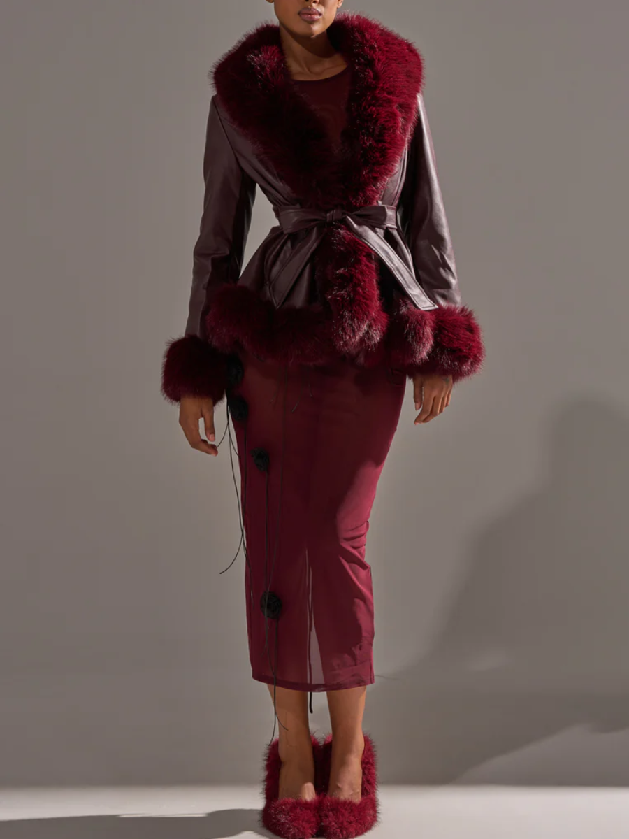 Burgundy Faux Fur Trim Moto Jacket