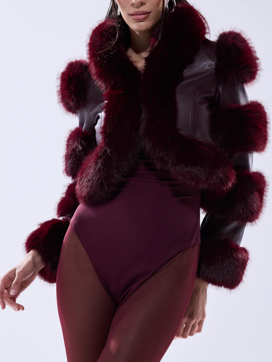 Burgundy Faux Fur Motorcycle Jacket