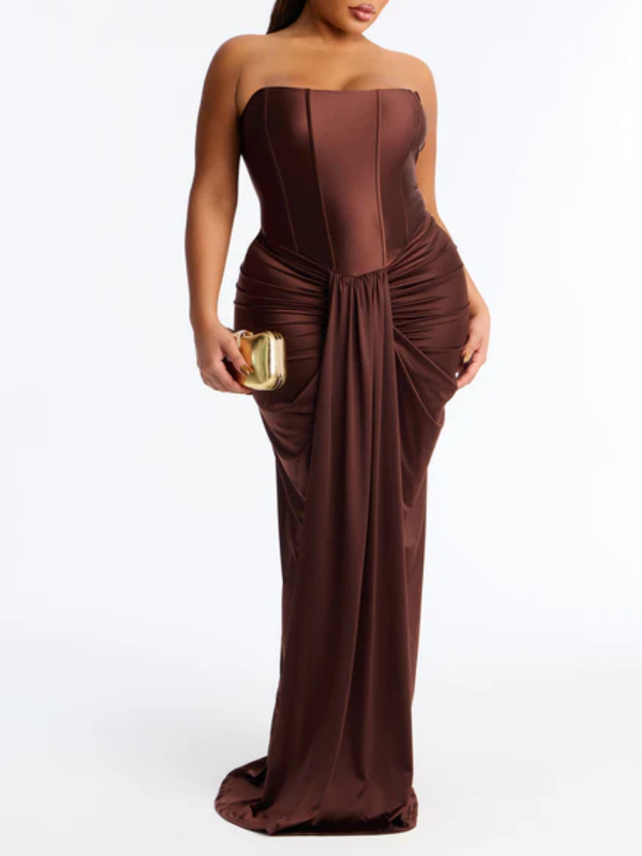 Brown Warm Horizon Satin Maxi Gown