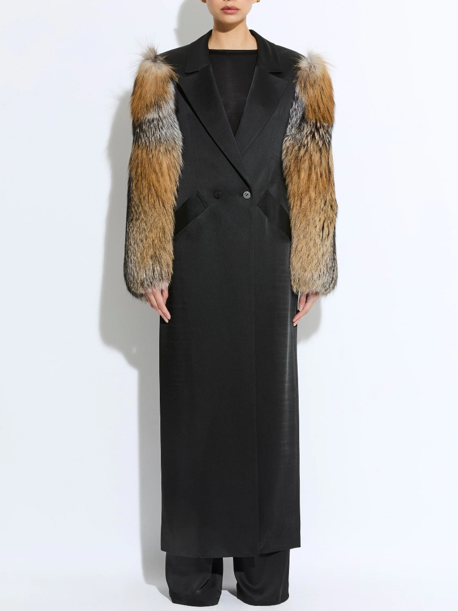 Satin Double Breasted Coat With Fur