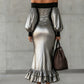 Off-shoulder Metallic Satin Side Slit Maxi Dress