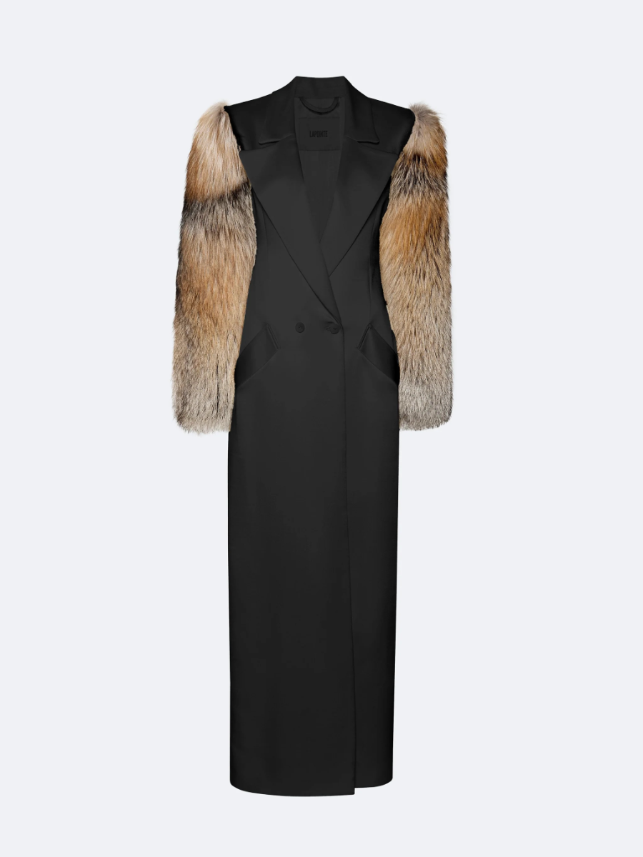 Satin Double Breasted Coat With Fur