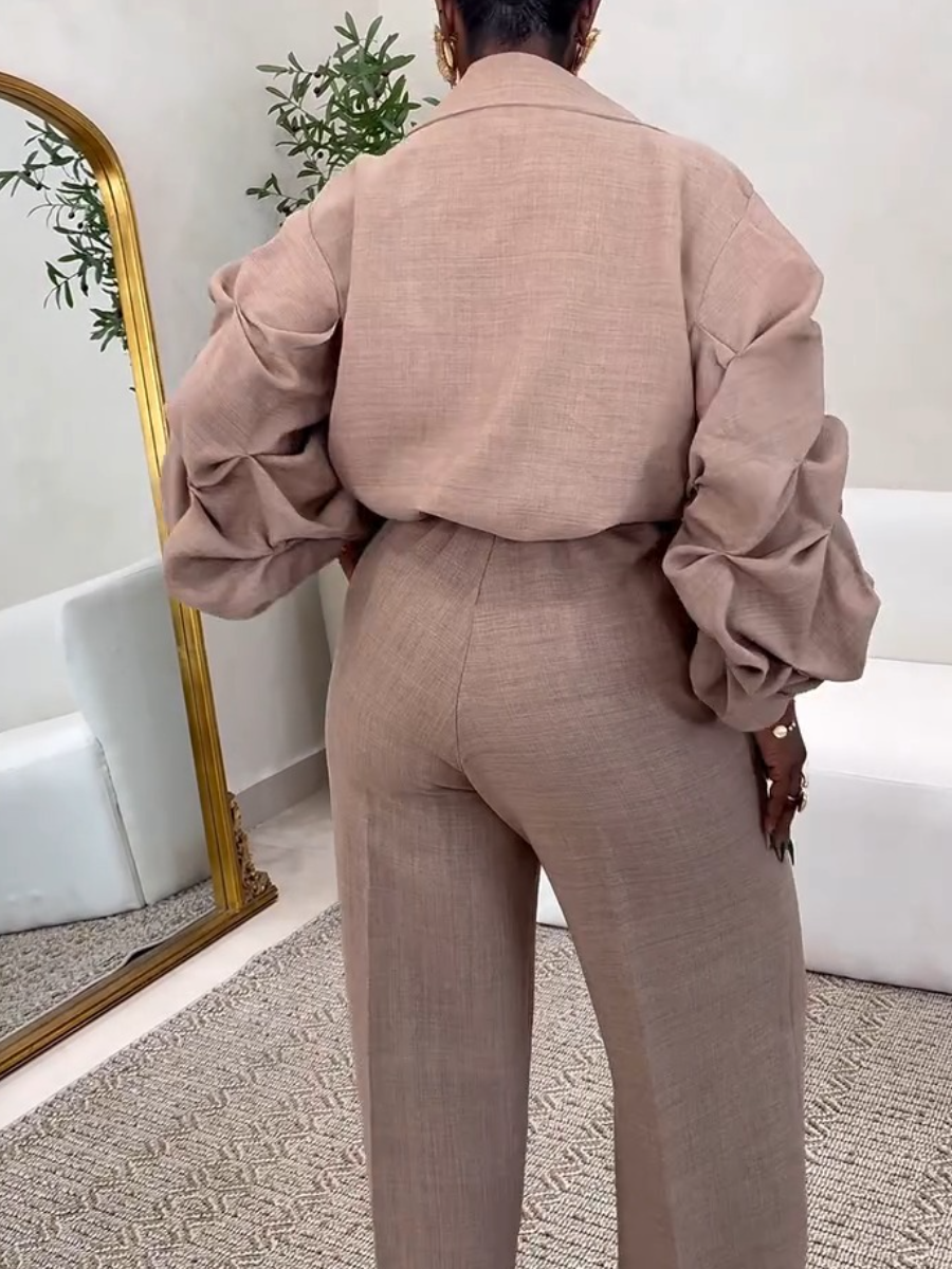Lantern Sleeve Blazer Top And Wide Leg Pants Sets