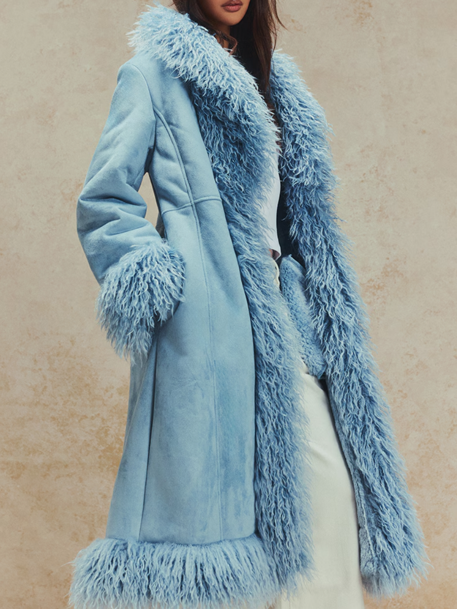 Powder Blue Faux Fur Trim Maxi Coat