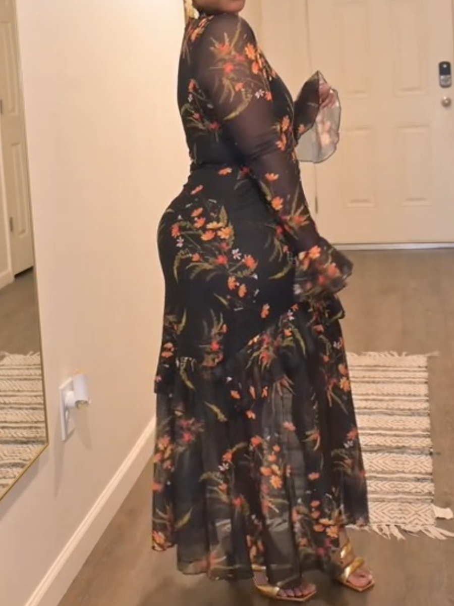 Floral Mesh Ruffle Maxi Dress