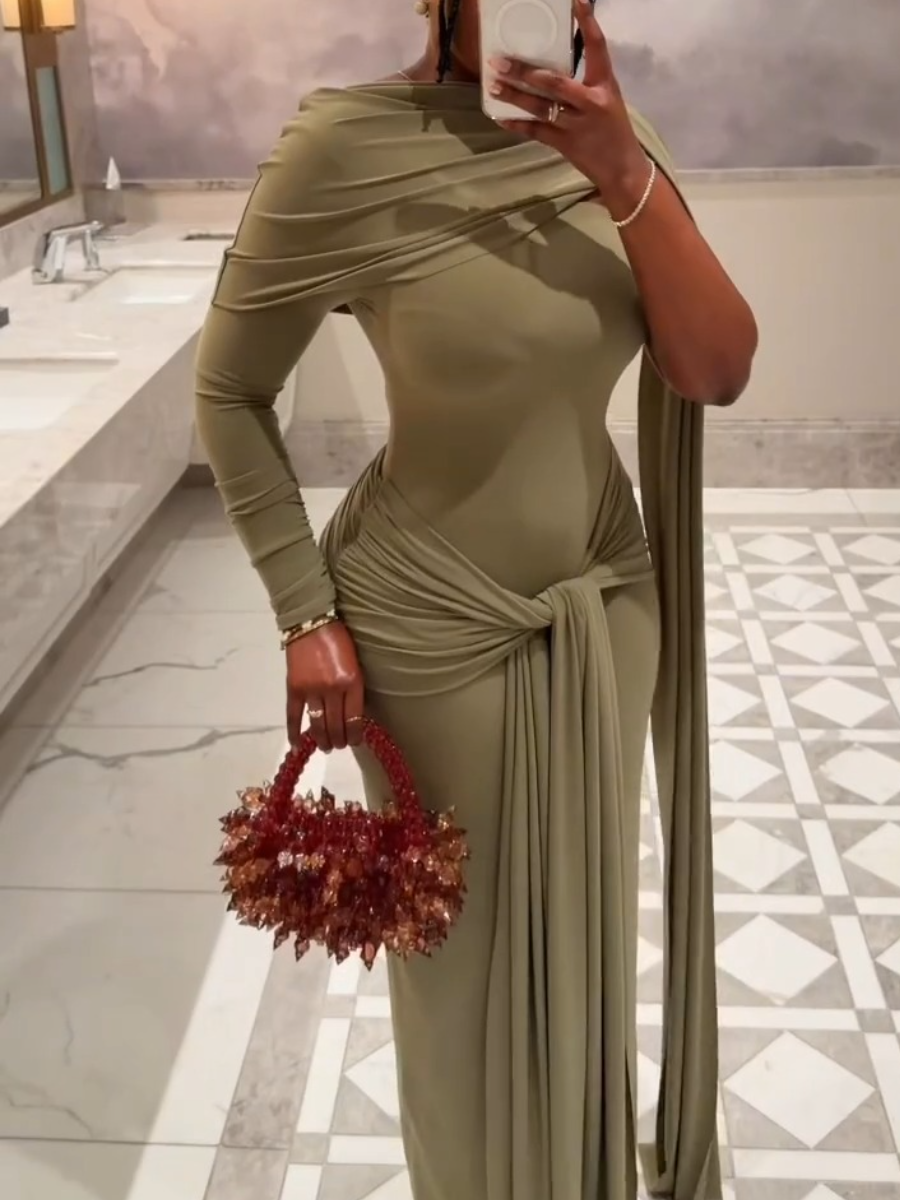 Asymmetric-Neck Maxi Dress With Gathered-Detailing And Sash