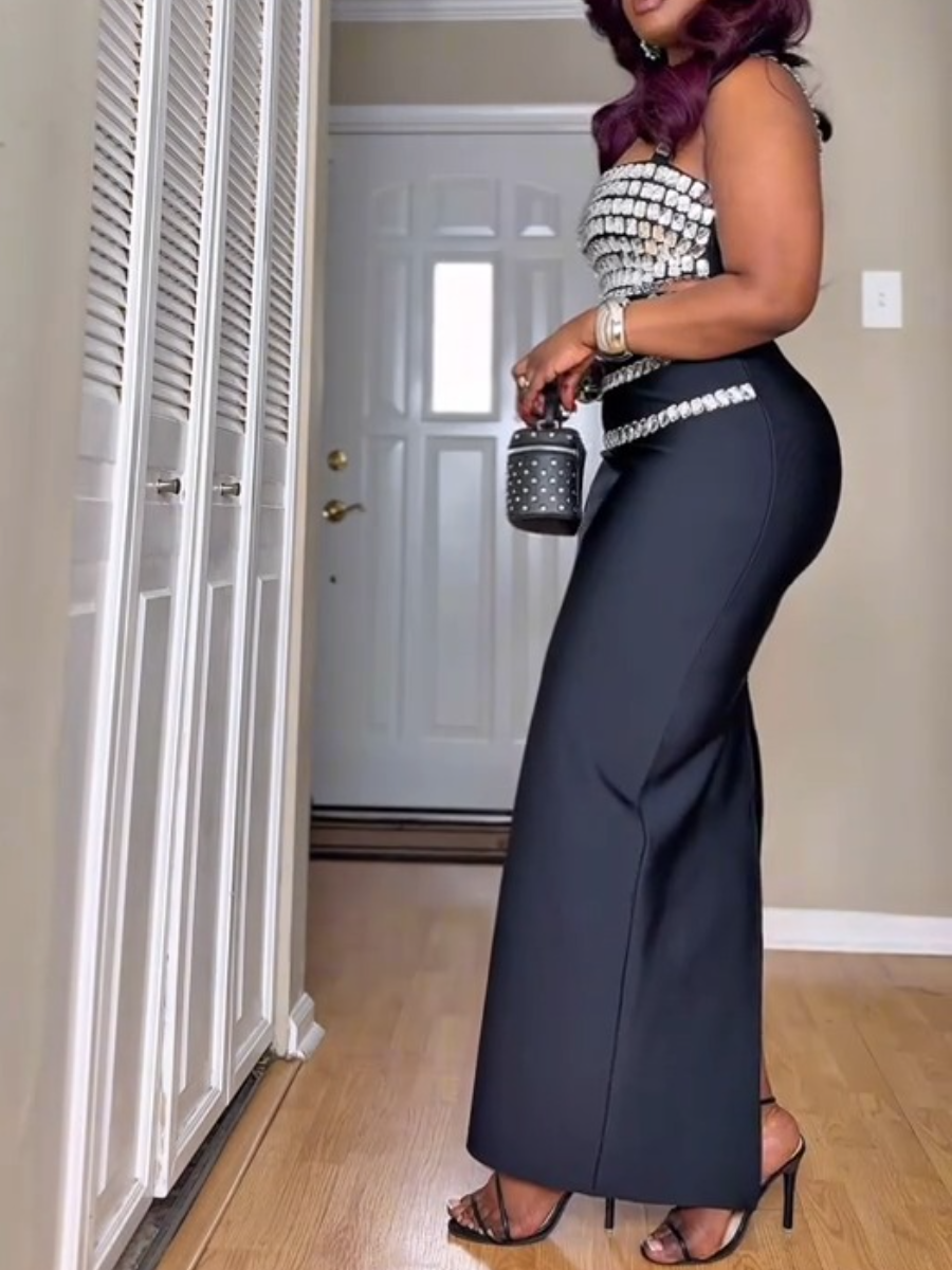 Sparkling Rhinestone Camisole and Long Skirt Sexy Two Pieces Set