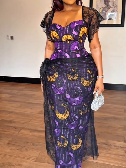 Purple & Gold Ankara Maxi Dress with Black Lace Overlay