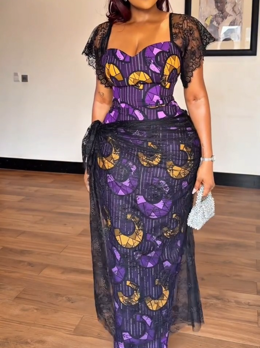 Purple & Gold Ankara Maxi Dress with Black Lace Overlay