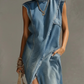 Blue Washed Denim Sleeveless High Neck Frayed Dress