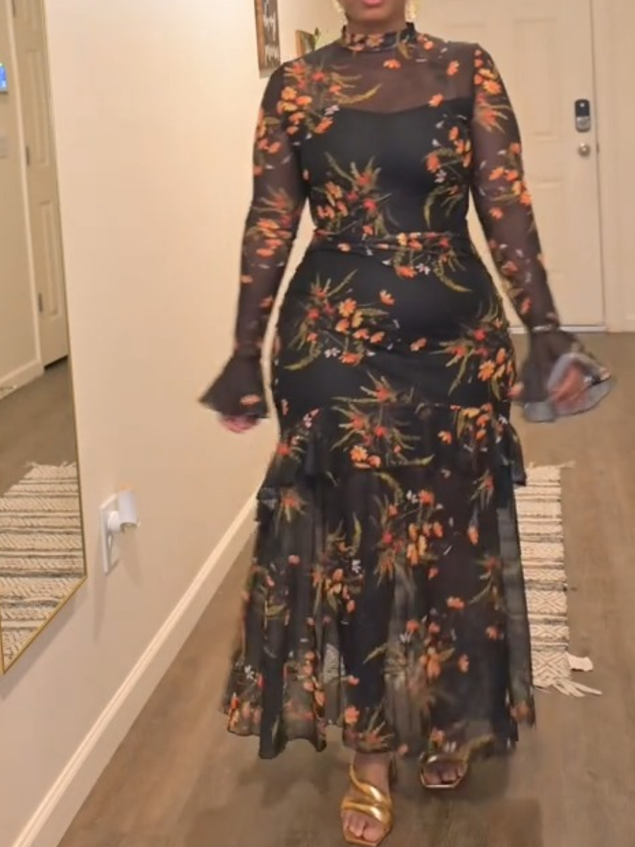 Floral Mesh Ruffle Maxi Dress