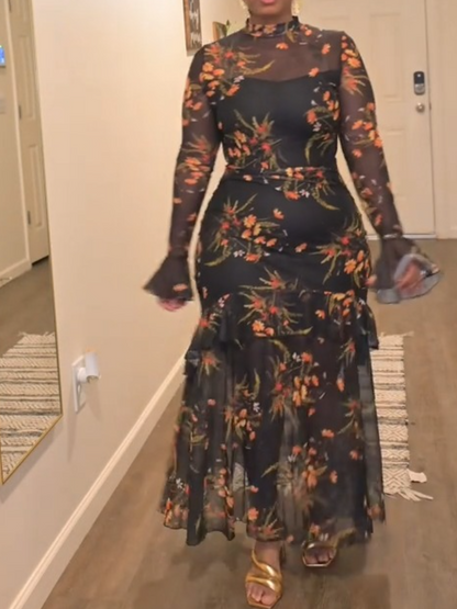 Floral Mesh Ruffle Maxi Dress