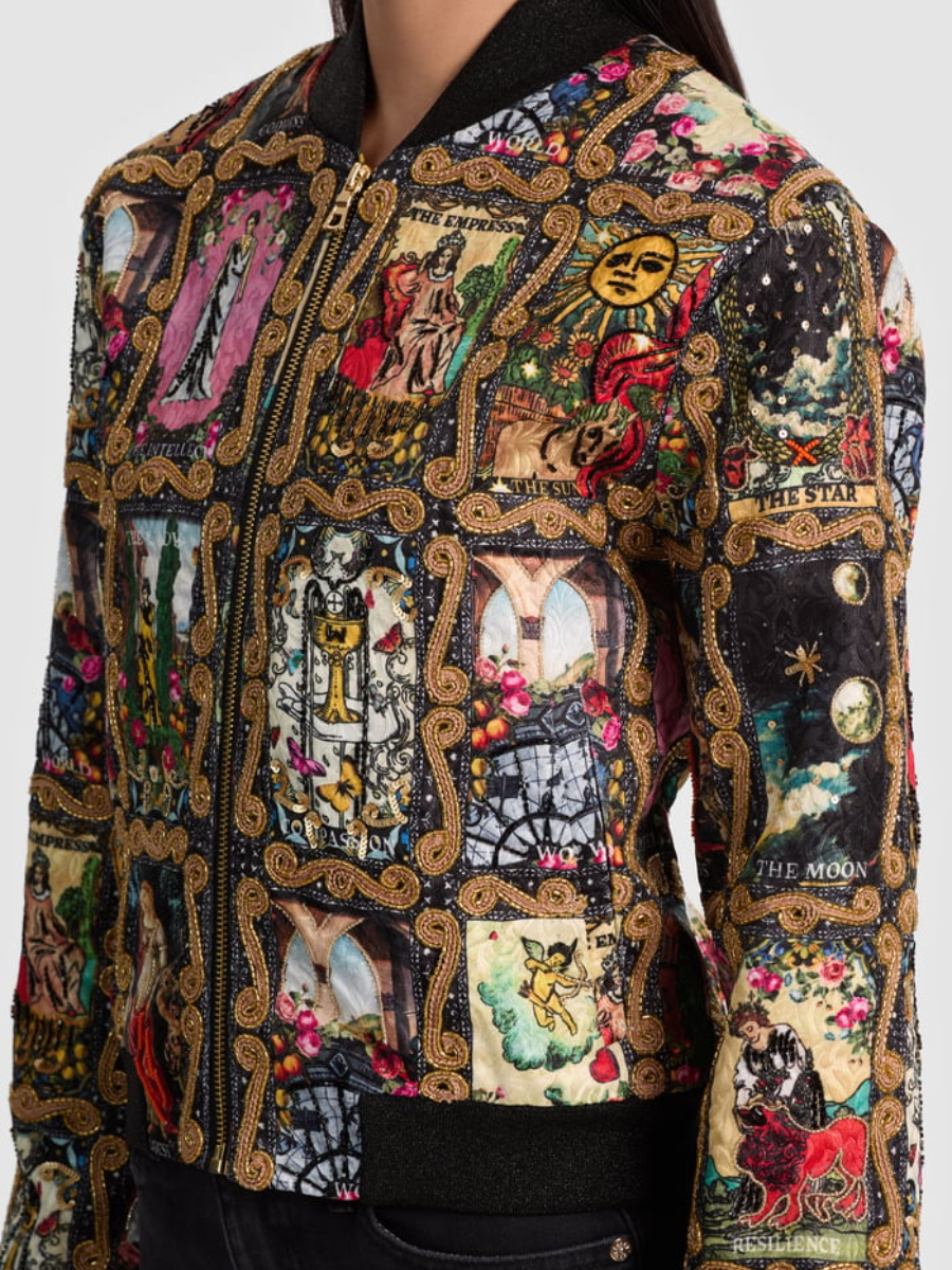 Artistic Medieval Collage Print Zip-Up Bomber Jacket