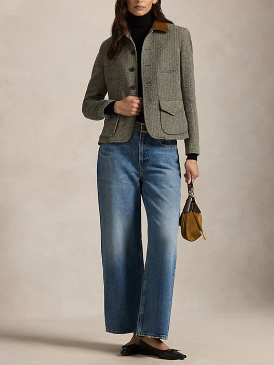 Suede-Trim Herringbone Jacket