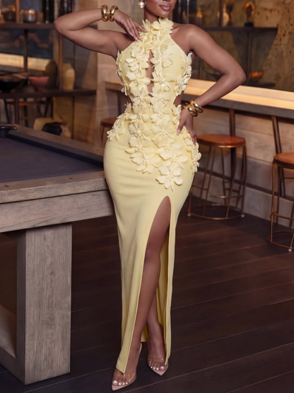 3D Floral Yellow Halter Cutout Maxi Dress