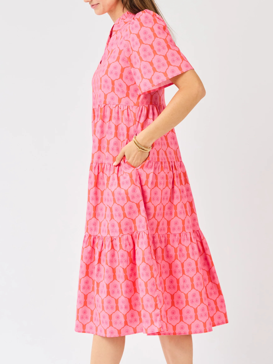 Charm Pink Flutter Sleeves Ruffle Neckline Dress