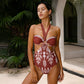 Bamboo Buckle Halter Cutout Retro Print One Piece Swimsuit and Skirt