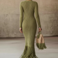 Olive Green Knit Fringe Hem Dress