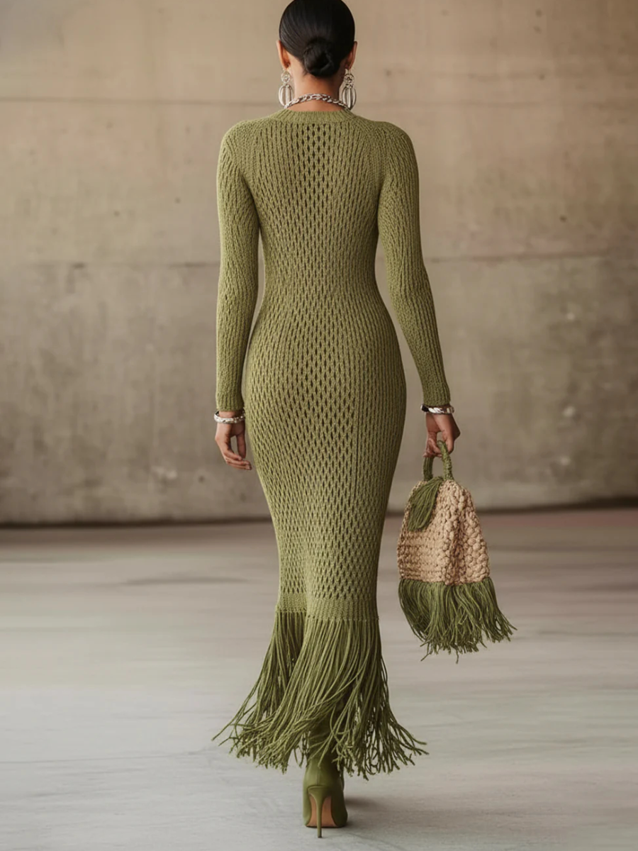 Olive Green Knit Fringe Hem Dress