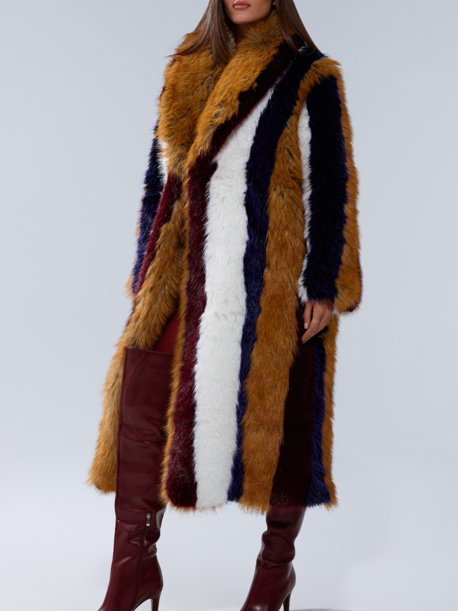 Faux Fur Contrast Vertical Stripe Coat