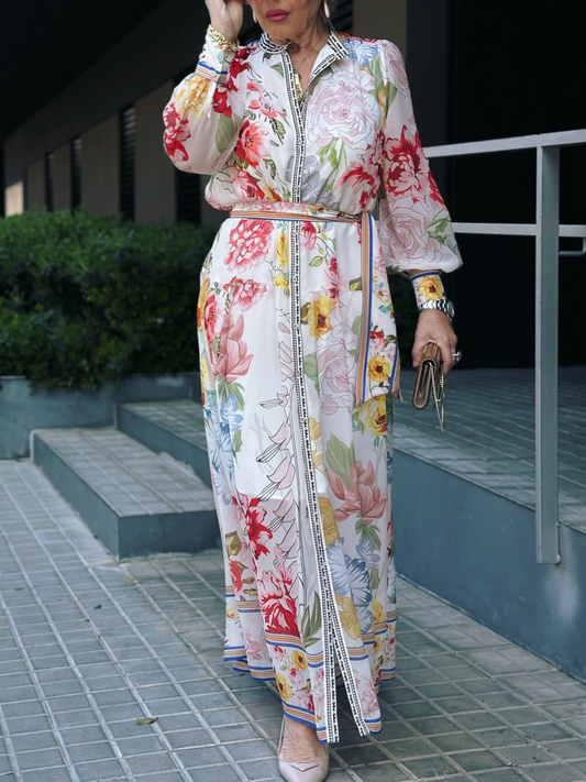 Long Sleeve Collared Floral Print Belted Maxi Dress