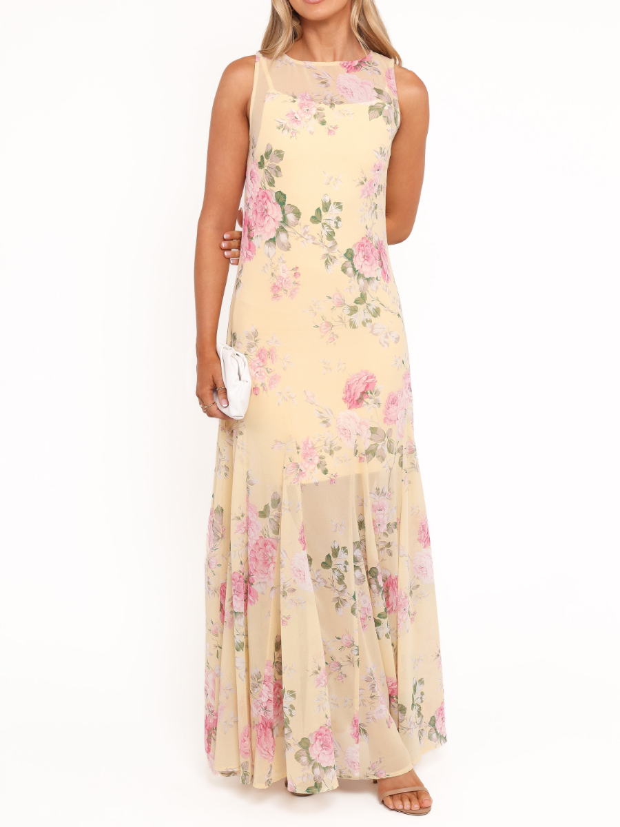 Yellow Floral Sleeveless Maxi Dress
