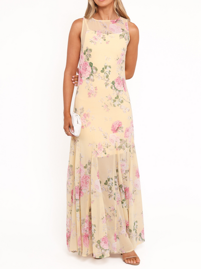 Yellow Floral Sleeveless Maxi Dress