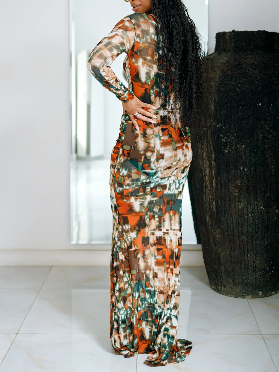 Abstract One Shoulder Ruched Maxi Dress