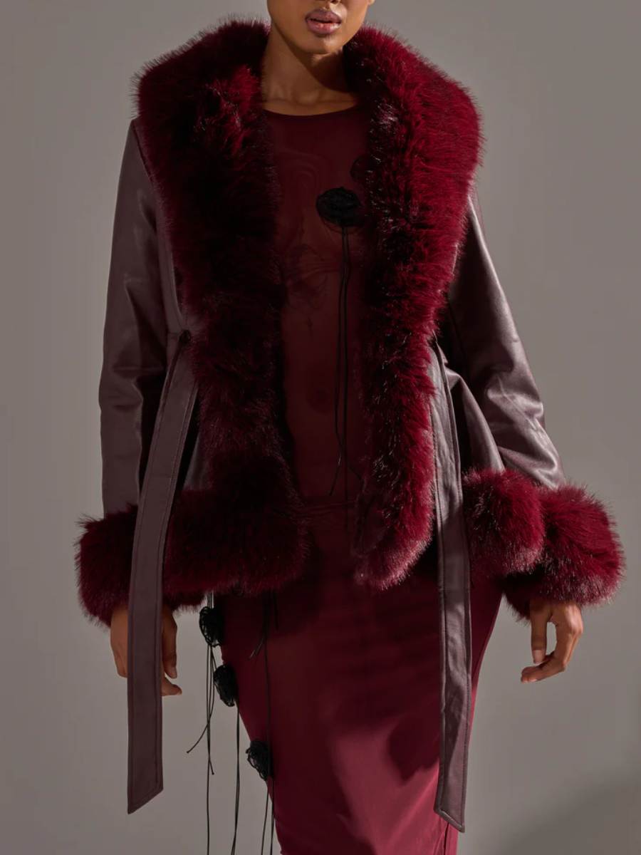 Burgundy Faux Fur Trim Moto Jacket