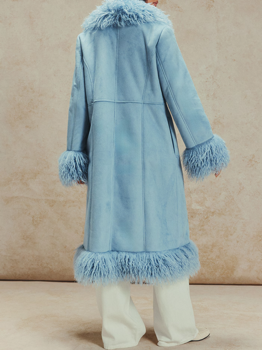Powder Blue Faux Fur Trim Maxi Coat