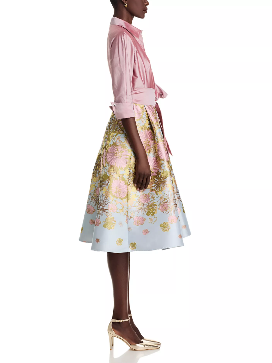 Mixed Media Floral Jacquard Shirt Dress