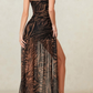 Side Slit Printed Sheer Strapless Dress