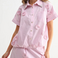 Pink Striped 3D Floral Embroidered Shirt & Midi Skirt Two-Piece Set
