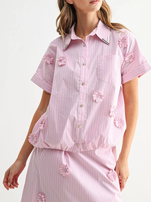Pink Striped 3D Floral Embroidered Shirt & Midi Skirt Two-Piece Set