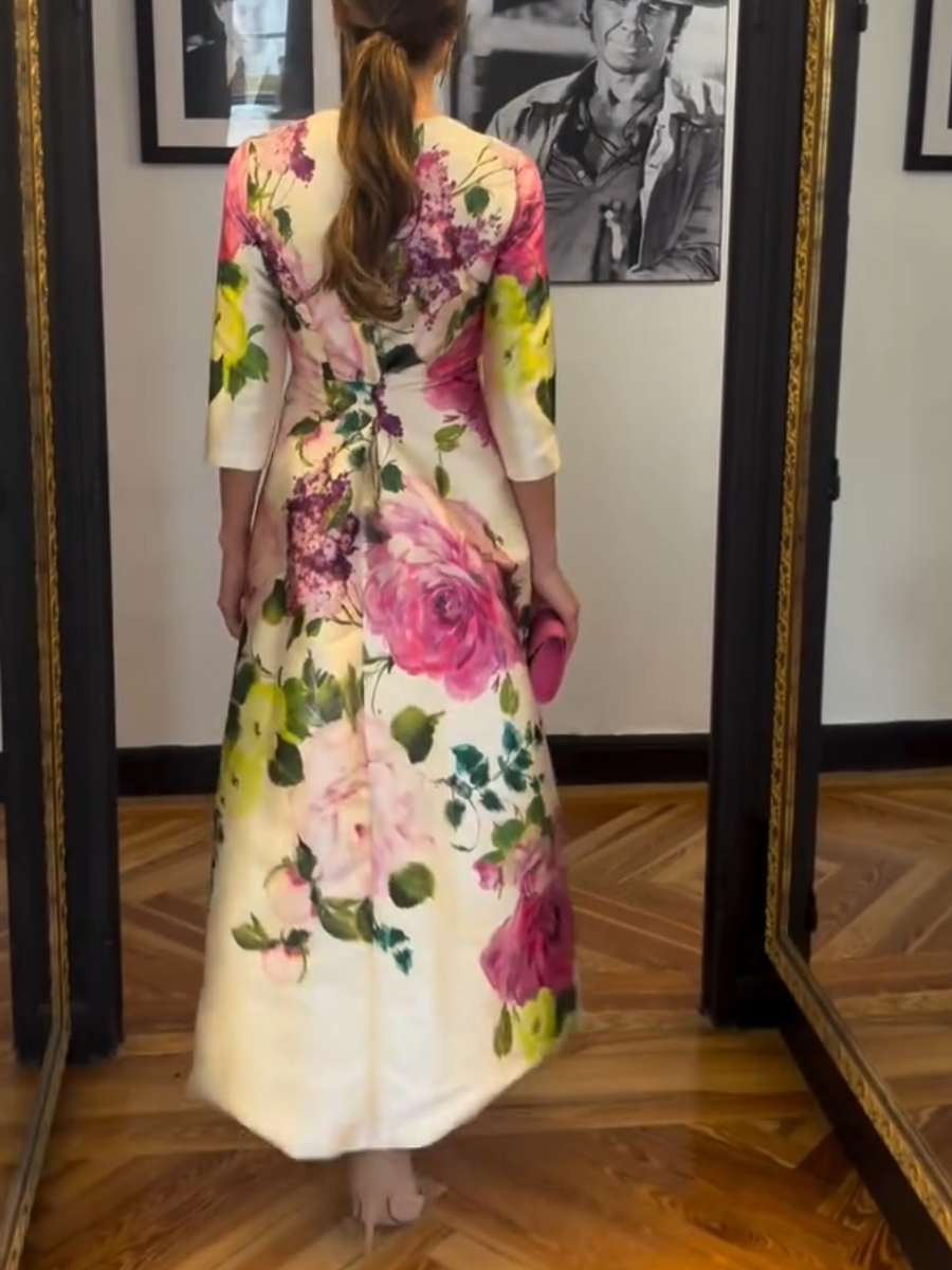 Elegant Square Neck 3/4 Sleeve Floral Print Midi Dress