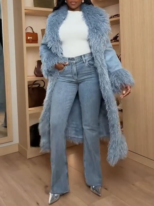 Powder Blue Faux Fur Trim Maxi Coat