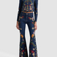Embroidered Denim Military Jacket and Jeans Set