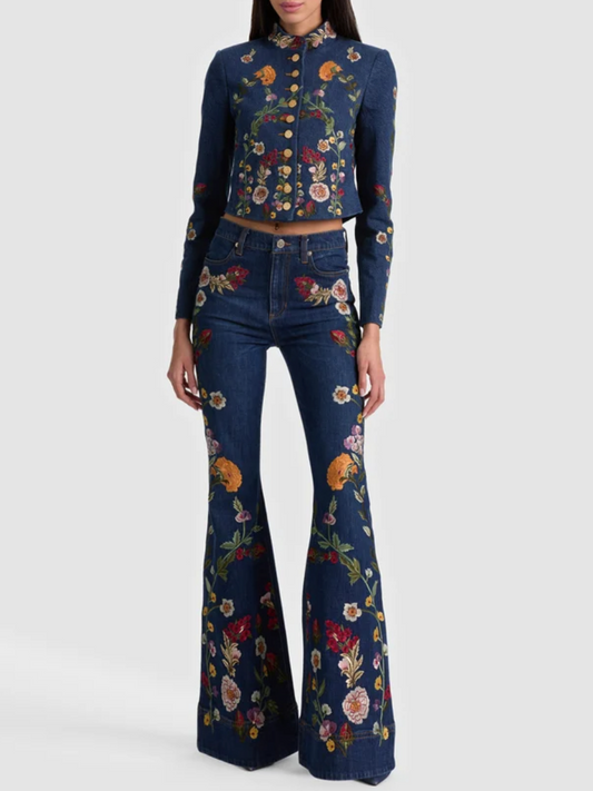 Embroidered Denim Military Jacket and Jeans Set